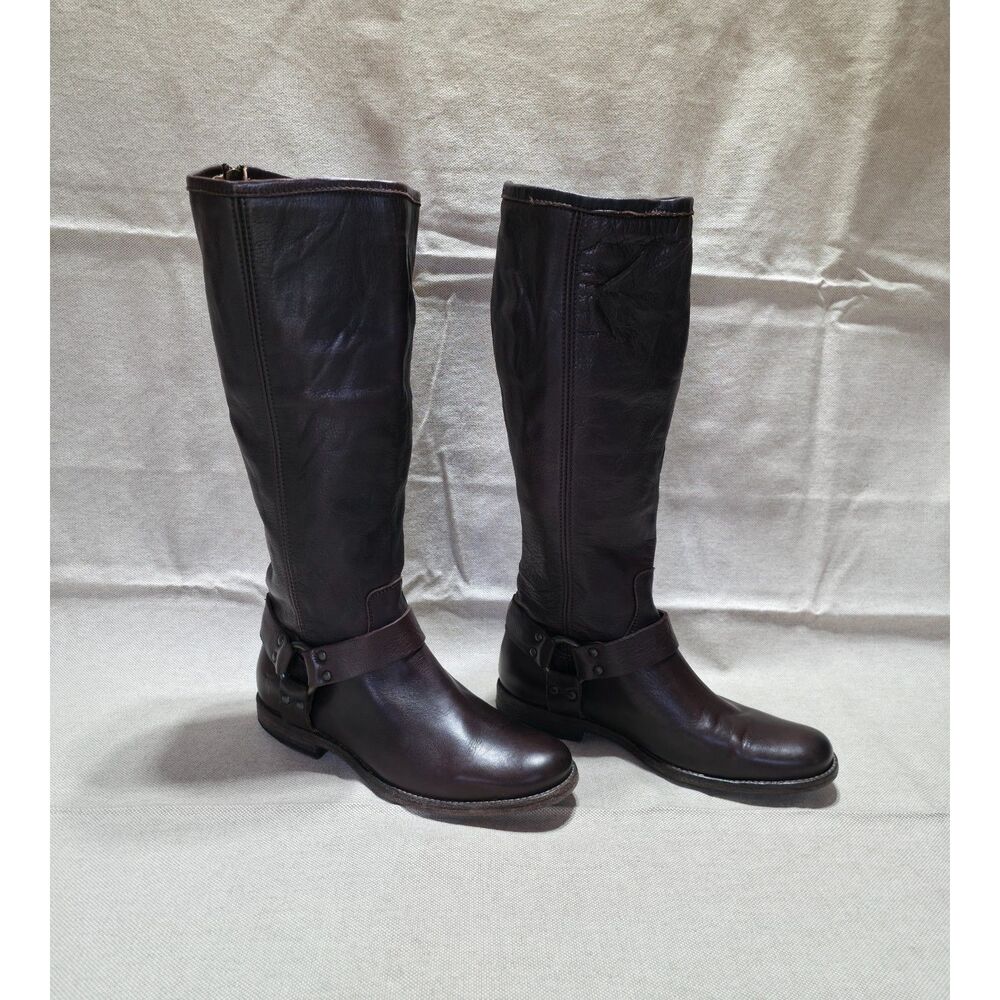 Frye Phillip Harness Tall Dark Brown Leather Boots Extended Calf Size 8.5